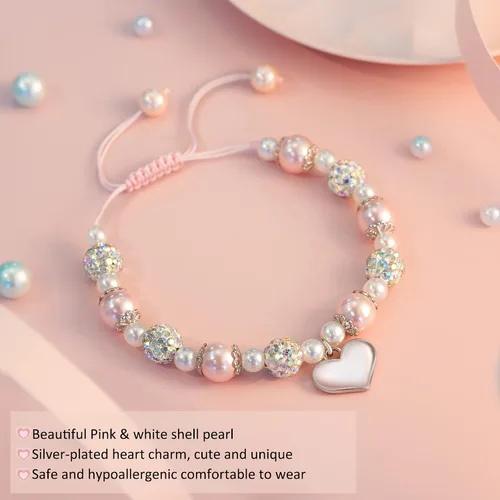 Vista 3 de Jeka Pulseras de diamantes de imitación para niñas de flores, pulseras con dije de corazón de perlas rosadas, pulseras de regreso a la escuela