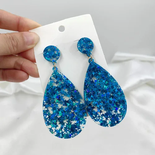 Vista 4 de Aretes de acrílico con purpurina, forma de lágrima redonda con lentejuelas, aretes de estrella brillante, aretes de lágrima geométrica bohemia