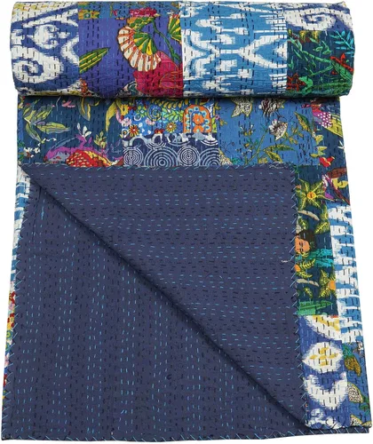 Vista 24 de Marubhumi Colchas hechas a mano tradicional de algodón puro con estampado de cachemira Kantha, funda de cama reversible con estampado de cachemira