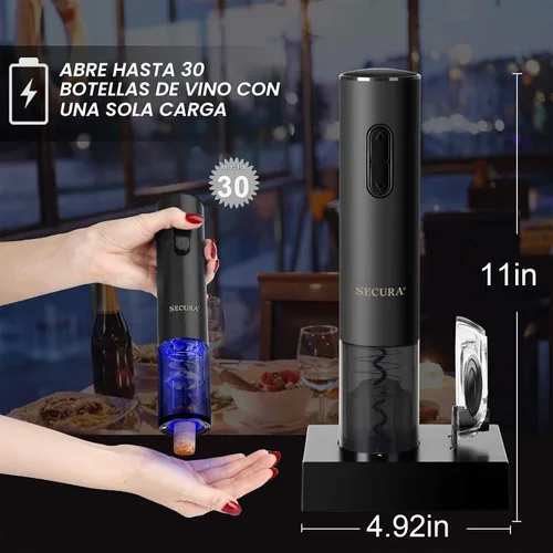 Vista 4 de Secura Abridor de vino eléctrico, sacacorchos eléctrico automático de botellas de vino con cortador de papel de aluminio, recargable (negro)