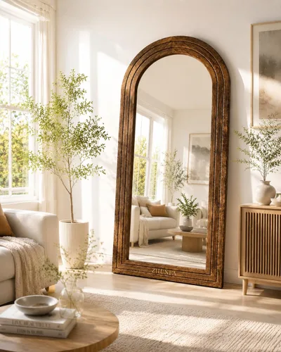 Vista 10 de ZHUNFA Espejo externo arqueado de tres capas de longitud completa con marco de madera maciza, espejo de pie moderno de 65 x 22 pulgadas, decoración