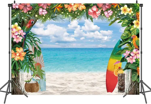 Vista 3 de Fondo de playa hawaiana para verano, flores tropicales, fondo de fotografía Luau, tabla de surf, cielo azul, hojas de palma, Aloha, decoraciones