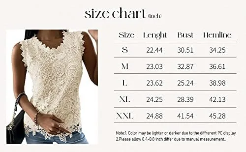 Vista 5 de Blusa sin mangas de encaje para mujer, sin mangas, de verano, casual, cuello redondo, ajustada, camisa hueca