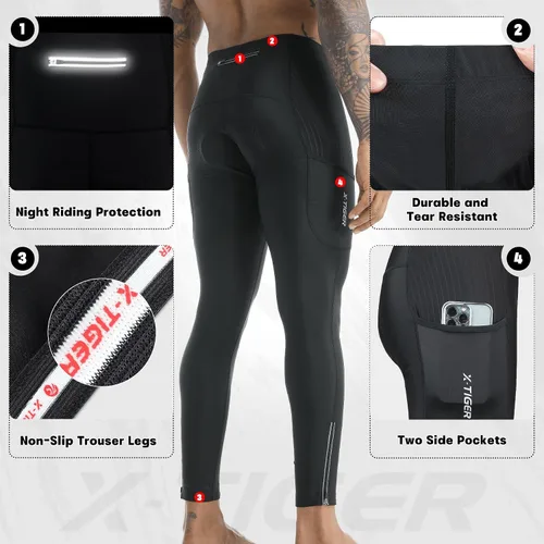 Vista 3 de X-TIGER Pantalones de ciclismo para hombre, 5D, acolchados, con gel 5D, mallas de ciclismo para montar al aire libre, montaña y carretera