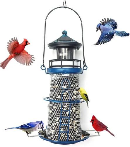 Vista 10 de Comedero Solar para Pájaros Faro con Baliza Giratoria - 14" Colgante Mejor Regalo de Comedero para Amantes de las Aves (Rojo Manzana).