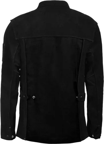Vista 3 de Chaqueta de soldadura de cuero negro, chaquetas de seguridad de trabajo de cuero de vacuno dividido FR resistente, chaquetas de soldador