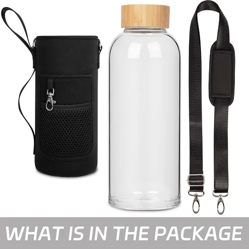 Vista 2 de Botella de agua de vidrio de borosilicato para deportes de 48 onzas, con tapa de bambú y funda de neopreno