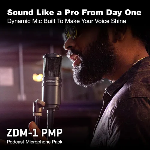 Vista 3 de Zoom El paquete de micrófono para podcast ZDM-1 incluye micrófono dinámico, auriculares, trípode, parabrisas y cable XLR Incluye micrófono