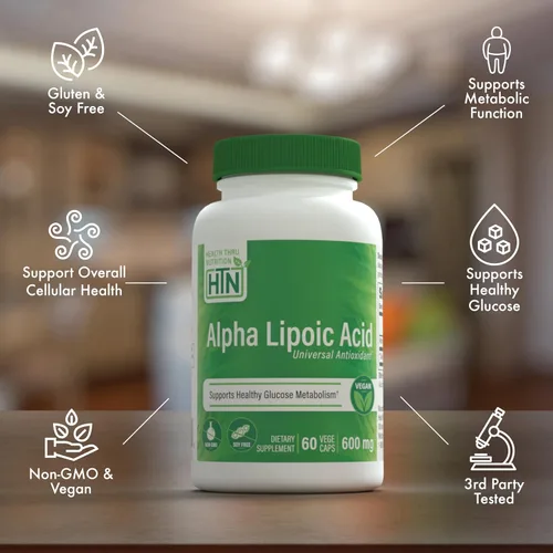 Vista 4 de Health Thru Nutrition Ácido alfa lipoico 600 mg, 60 porciones, certificado vegano, antioxidante universal, sin OMG, probado por terceros