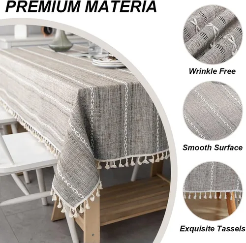 Vista 4 de meioro Mantel rústico, mantel rectangular de algodón texturizado de lino con borla, mantel de tela resistente para granja con bordado de rayas