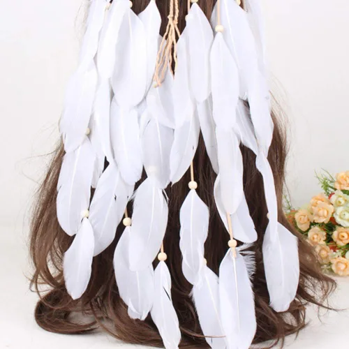 Vista 6 de Diadema de plumas blanca hippie india boho bandas para el pelo borla bohemia Halloween pelo aro mujeres damas corona diadema decoración fiesta