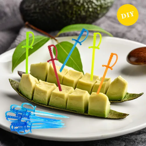 Vista 5 de 100 palillos de dientes de espada de plástico de 3.3 pulgadas para aperitivos, tenedor de frutas palillos de cóctel desechables, palillos de cóctel