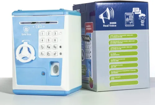 Vista 6 de LIKE Alcancía de Juguete Caja Fuerte con Huella Dactilar Cajero Automático Banco Máquina de Dinero y Monedas Caja de Ahorros para Niños Azul