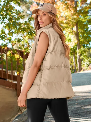 Vista 4 de AUTOMET Chaleco acolchado para mujer, sin mangas, con cremallera, cálido, acolchado, ligero, cuello alto, con bolsillo