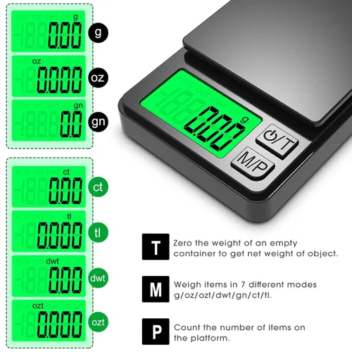 Vista 2 de Mik-Nana Báscula de Bolsillo, báscula de gramos de precisión 1000 g x 0.01 g, pequeña báscula digital de gramos, onzas y granos, báscula de cocina