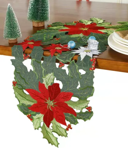 Vista 14 de GRANDDECO Camino de Mesa Navideño para Fiestas Campestres Bufandas de Tocador Bordadas con Flores de Nochebuena Navideñas Xmas para Casa Cocina Mesa