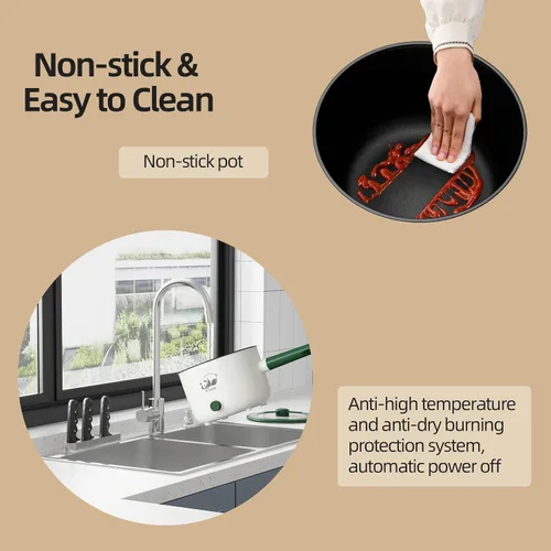 Vista 4 de Olla eléctrica con vapor, sartén antiadherente portátil con doble control de potencia, cocina eléctrica Shabu Shabu para fideos, avena, pasta