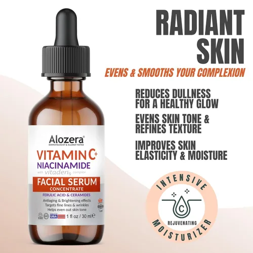 Vista 3 de Alozera Juego de 4 sueros faciales con retinol, colágeno, vitamina C, niacinamida, ácido hialurónico y ácido glicólico, exfoliante, hidratante