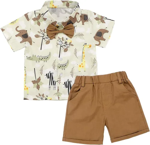 Vista 22 de JEELLIGULAR Conjunto de ropa de verano para bebé niño de manga corta con botones y pantalones cortos, trajes casuales para caballeros de 1 a 6 años
