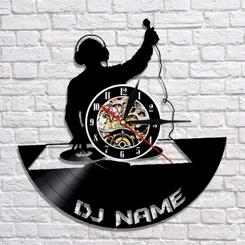 Vista 3 de Reloj de pared de disco de vinilo hecho a mano con nombre de DJ personalizado, disco de vinilo, reloj de pared, tocadiscos de DJ, sombras, relojes