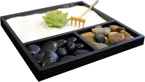 Vista 5 de Kit de jardín zen mini de Nature's Mark para escritorio con rastrillo, arena blanca, figura de loto, base cuadrada negra de 3 secciones, rocas