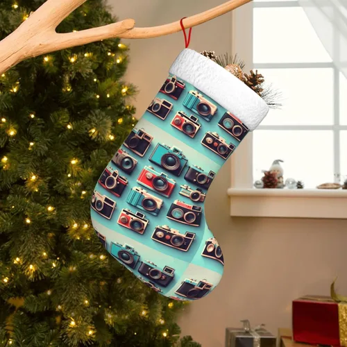 Vista 2 de Retro Cool Camera Collection Print Christmas Stocking, Christmas Tree Decor Stocking, Flannel Cuff With Hanging Ribbonâ€‹