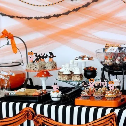 Vista 5 de Paquete de 24 adornos para cupcakes de Halloween con purpurina rosa, fantasma, pequeño abucheo, murciélago, bruja, gato, calabaza, magdalena