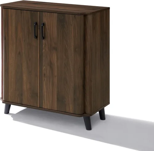 Vista 8 de LuxenHome - Armario buffet con almacenamiento, gabinete moderno de mediados de siglo con borde curvo, gabinete de café de nogal, pequeño armario