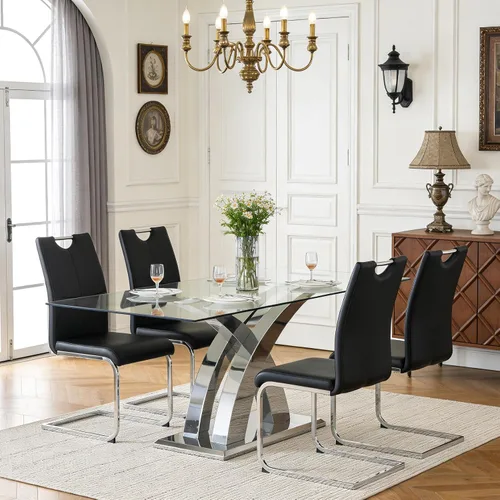 Vista 33 de Juego de mesa de comedor de vidrio de 70 pulgadas para 4, mesa rectangular de cristal dorado con 4 sillas de piel sintética, juego de mesa de Mesa
