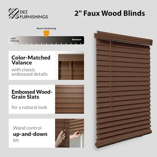 Vista 2 de Dez Furnishings Persiana inalámbrica de madera sintética, de 2 pulgadas, 46.5 pulgadas de ancho x 48 pulgadas de alto, roble oscuro