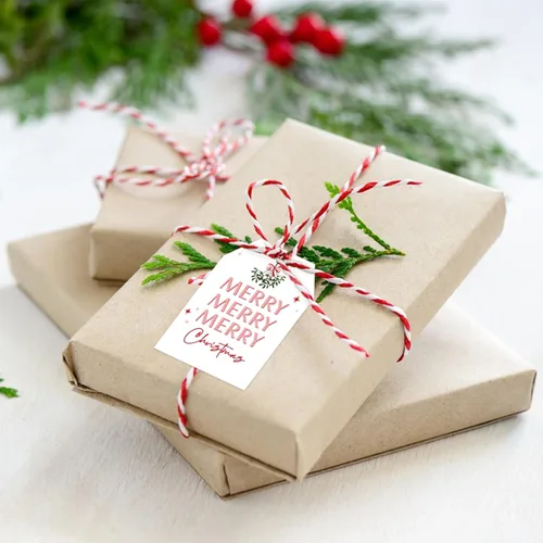 Vista 4 de Etiquetas de regalo de Navidad de Anwyll con cuerda - 50 piezas etiquetas de arco rosa feliz feliz feliz Navidad para regalos etiqueta de regalo