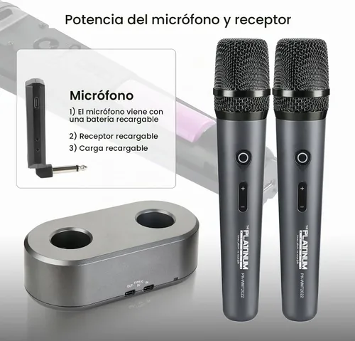Vista 2 de Micrófono inalámbrico platino para entrada de micrófono UHF Metal Dinámico Micrófono multipropósito con base y receptor recargable Rango de 160 pies