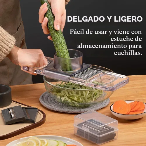 Vista 6 de KEOUKE Cortador de mandolina multifuncional transparente, 6 cuchillas intercambiables, cortador de verduras de mano con protector de mano