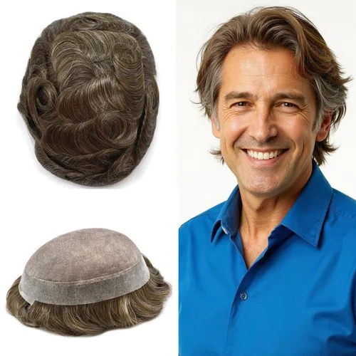 Vista 69 de Toupee para hombres Piezas de pelo fino mono para hombre Toupee sistema de reemplazo de pelo para hombres línea capilar natural para hombre postizo