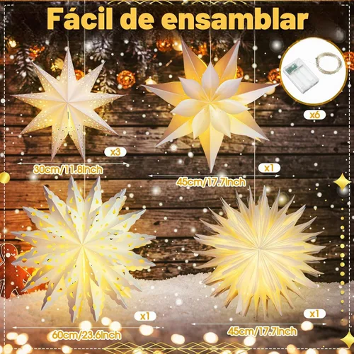 Vista 2 de Watersay Paquete de 6 Faroles de Papel de Copo de Nieve de Navidad Faroles de Papel de Estrella de Navidad con 6 Luces LED Blancas Ornamentos