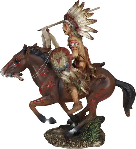 Vista 3 de Ebros Tribal Nativo Americano Guerrero jefe indio con gorro de guerra tocado de águila cargando en caballo, estatua de lanza lanzando caballo, 13.25