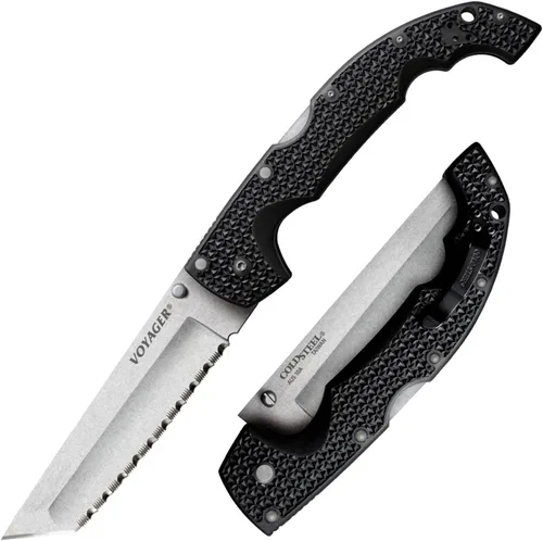 Vista 4 de Cold Steel Voyager Series - Cuchillo plegable con cierre de triple eje y clip de bolsillo, Negro, XL