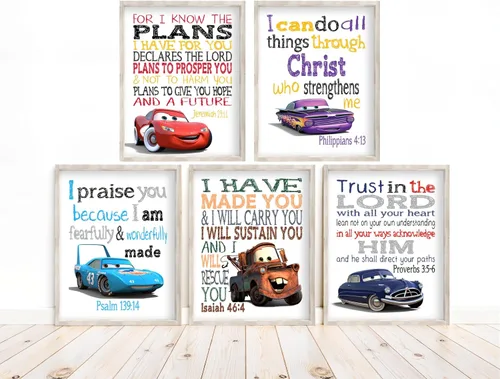 Vista 2 de Conjunto de 5 Impresiones Sin Marco de Coches de Pixie Paper para Guardería Cristiana, Lightning McQueen, Ramone, Doc Hudson, King 43 y Tow Mater