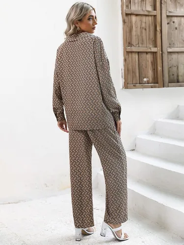 Vista 2 de GORGLITTER Conjunto de 2 piezas con estampado de manga larga y cuello con botones y pantalones largos para mujer