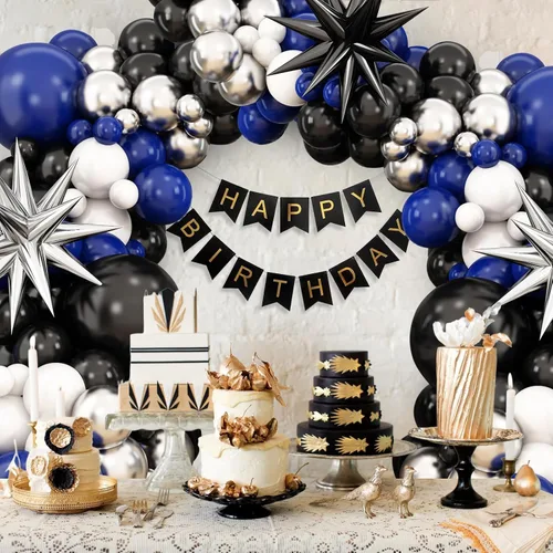 Vista 4 de Kit de arco de globos azul marino y negro, guirnalda de globos con globos de papel de aluminio metálico plateado blanco oscuro globos de látex