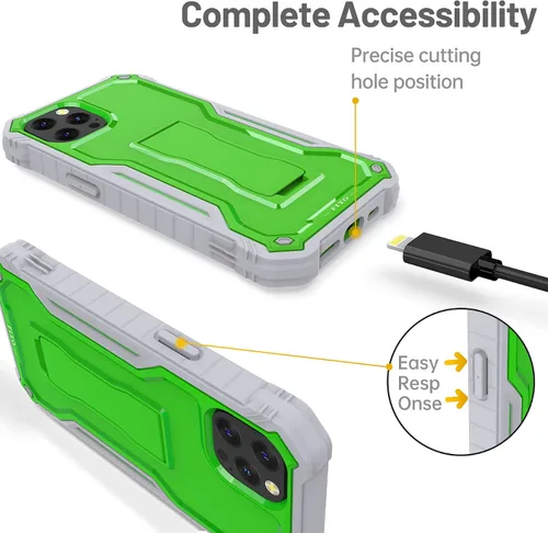 Vista 3 de FITO Funda para Apple iPhone 13, doble capa a prueba de golpes resistente con protector de pantalla de vidrio templado y soporte integrado (verde)