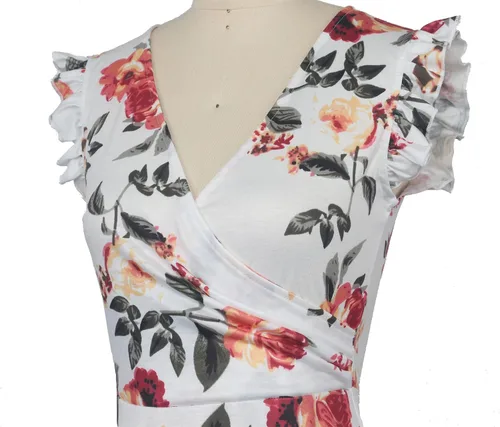 Vista 4 de oxiuly OX335 - Vestido casual de verano con cuello en V para mujer, con ribete de volantes, sin mangas, para graduación, cena, fiesta, cóctel, té