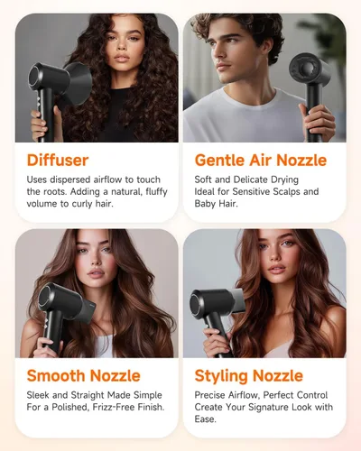 Vista 4 de Secador de pelo profesional con difusor para cabello rizado, secador iónico negativo de 1,312.3 ft para secado rápido, motor sin escobillas de alta