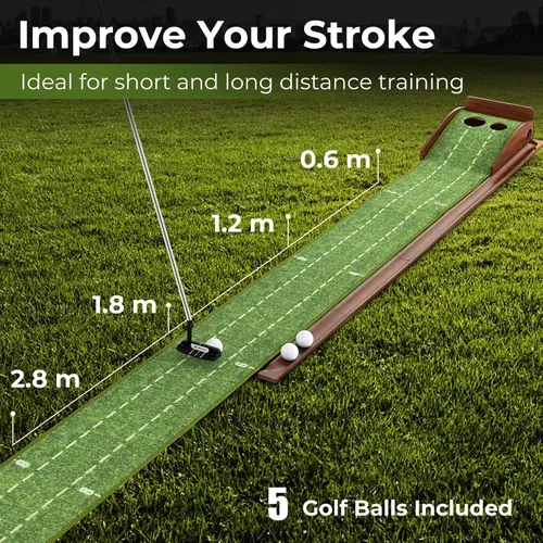 Vista 2 de Alfombrilla de golf para interiores con putter y 5 bolas, juego de devolución automática de bolas, terciopelo mate para el hogar, oficina, patio