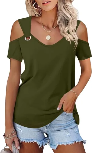 Vista 16 de Minetom - Camisetas básicas de verano para mujer, de manga corta, con hombros descubiertos y cuello en V