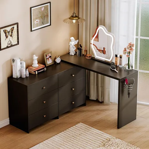 Vista 2 de Moderna mesa de tocador de maquillaje de esquina con espejo LED y 6 cajones espaciosos, tocador retráctil para gabinete, escritorio para computadora