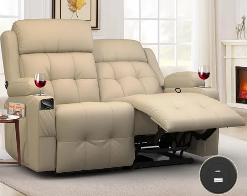 Vista 24 de Sofá reclinable manual de dos plazas, sofá reclinable de pared con masaje, puertos USB y tipo C, almacenamiento, portavasos, sofá RV para sala