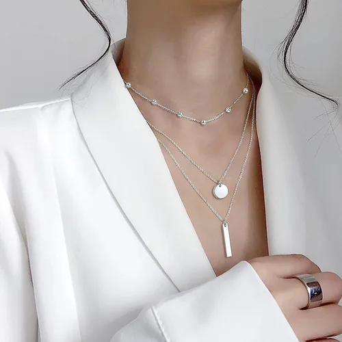 Vista 2 de DAOCHONG Collar con colgante de cadena larga triple multicapa de plata esterlina S925 para mujer
