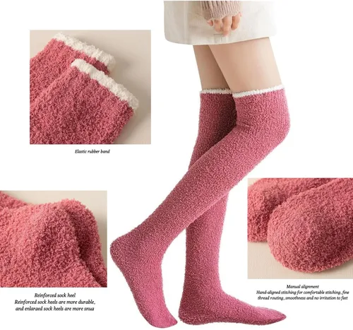 Vista 3 de Agbyise 1 par de calcetines gruesos y cálidos hasta la rodilla, calcetines altos a la rodilla, para mujeres y niñas, forro polar coral, casual
