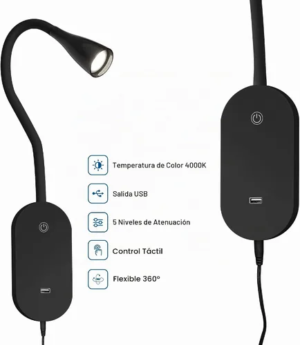 Vista 4 de Luz de lectura de pared, lámpara de libro para leer en la cama, lámpara de lectura moderna con salida USB y control táctil, 5 luces LED regulables